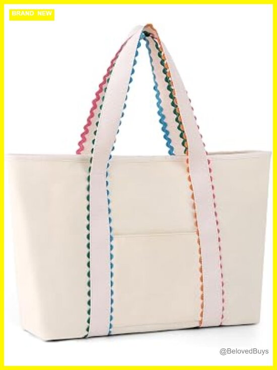 Handbags - Large Cotton Canvas Tote Bag with Rainbow Rick Rack Trim, Magnetic Snap